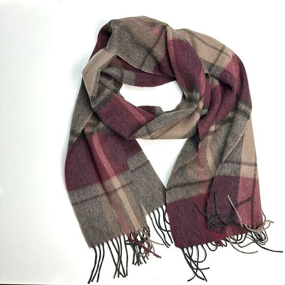 NWOT Nordstrom Men’s Wool Scarf Taupe and Wine Berry Plaid Excellent - Picture 2 of 6